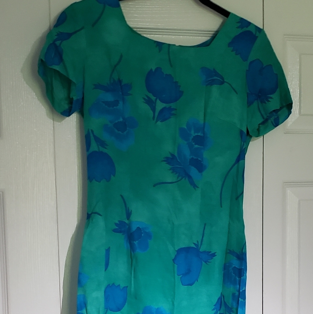 Royal Blue and Shades of Blue Green Flowered Dress